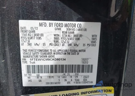 2012 Ford F-150 Xlt из США, поврежденный, VIN 1FTEW1CM9CKD80134